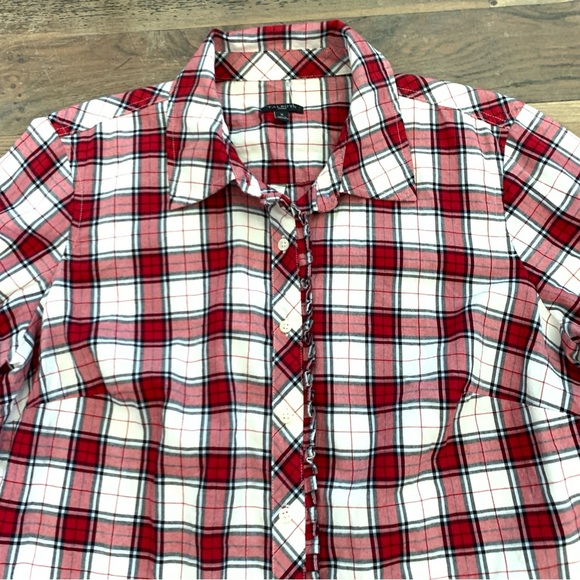 Talbots Red Plaid Button Ruffle Front Long Sleeve Dress Shirt Size XL - Picture 7 of 14